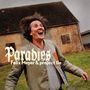 "Paradies, Felix Meyer & project ile" steht oben. Ein Mann lacht fröhlich vor einem alten Backsteinhaus.