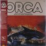 „ORCA“, „Music From The Motion Picture“, „Music by Ennio Morricone“. Illustration: Mann steht auf einem Orca im Wasser.