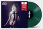 Text: "The Pretty Reckless - Going to Hell". Grüne Schallplatte mit einem Pfeilkreuz. Frau mit einem Kreuz aus schwarzem Klebeband auf dem Rücken.