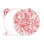 "PIERCE THE VEIL" in roten Buchstaben, umgeben von wilden, chaotischen Illustrationen von Klingen und Werkzeugen.