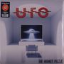 Text: „LIMITED EDITION“, „OPAQUE RED VINYL“, „UFO“, „THE MONKEY PUZZLE“. Illustration eines UFOs schwebend mit Lichtstrahl.
