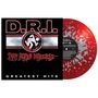 „D.R.I.“, „DIRTY ROTTEN IMBECILES“, „GREATEST HITS“. Grafik mit laufender Figur. Rot-weiß gesprenkelte Schallplatte.