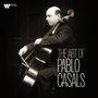 "The Art of Pablo Casals". Ein Cellist spielt leidenschaftlich Cello, in Schwarz-Weiß gehalten. Links oben ein Logo.
