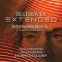"BEETHOVEN EXTENDED" oben. Symphonies No.5 & 7 darunter. Halbes Gesicht eines Mannes mit Linienmuster, warmes Orange.