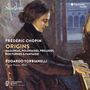 Texte: "FRÉDÉRIC CHOPIN ORIGINS" gefolgt von Musikstücken Angaben und "EDOARDO TORBIANELLI Pleyel Piano, 1842". Ein Gemälde mit Chopin am Klavier.