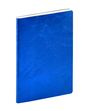 Ein Notizbuch mit knallblauem, strukturiertem Einband und abgerundeten Ecken.