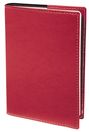 Kein Text vorhanden. Ein rotes, strukturiertes Notizbuch mit weißen Nähten an den Rändern.