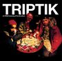 "TRIPTIK" in großen Buchstaben oben. Drei Personen sitzen an einem Tisch mit Getränken und Papieren.