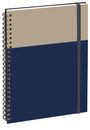 Ein Notizbuch mit Spiralbindung, oben in Beige und unten in Dunkelblau, mit einem schwarzen elastischen Band.