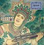 Text: „heimat“. Eine Frau in traditioneller Kleidung hält ein Gewehr, mit Blumenkranz. Im Hintergrund ein Haus und Bäume.