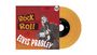 „El Rock and Roll de Elvis Presley“ steht in großen Buchstaben. Links ein Schwarz-Weiß-Foto von Elvis mit Gitarre. Rechts eine gelbe Schallplatte.