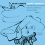"BLUE LIGHTS KENNY BURRELL Volume 1" gefolgt von Namen. Illustration einer liegenden Person in Schwarz auf Blau.