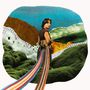 Illustration eines Menschen mit gestreiftem Band in surrealer Landschaft aus Moos und farbenfrohen Wolken.