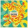 Text "C'mon TIGRE" auf einer Illustration eines dynamisch gemusterten Tigers mit gelben und orangen Streifen.