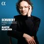 "Schubert Piano Sonatas Volume 2" und "Martin Helmchen" in weißem Text auf blauem Hintergrund. Mann mit Brille und schwarzem Anzug.
