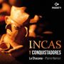 Texte: "INCAS Y CONQUISTADORES", "La Chacana", "Pierre Hamon", "PARATY". Terrakotta-Gesichtsskulptur im warmen Licht.