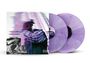 „Parental Advisory Explicit Content“. Verzerrte, farbenfrohe Darstellung auf Plattencover, zwei lila Vinyl-Schallplatten.