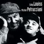 Text: "Eddy Louiss", "Michel Petrucciani". Schwarz-weiß Foto von zwei lachenden Männern, einer mit Mütze, eng aneinander.