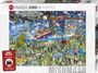 "PUZZLE 2000 + POSTER" auf dem Karton. Eine bunte, dichte Illustration voller Cartoon-Figuren und Filmszenen.