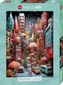 Text: HEYE PUZZLE 1000, PAPER-LIKE, VIKTOR GAVRIILOSKI.  
Illustration: Bunte Stadt mit hohen Gebäuden, Bäumen und Menschen mit Regenschirmen.