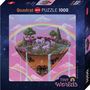Quadrat HEYE PUZZLE 1000. TINY WORLDS. Eine schwebende, fantasievolle Insel mit Einhörnern und Regenbögen.