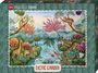 „EXOTIC GARDEN“ Puzzle. Illustration: Dschungel mit Tieren, bunten Bäumen und einem Fluss.