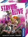 "STAYING ALIVE" in kräftigem Pink, Menschen mit Waffen verteidigen sich gegen Zombies, Text: "KALLE KREITZER".