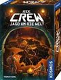 „Die Crew: Jagd um die Welt“. Zwei Entdecker, Landkarte mit Leuchtpfad, Fackeln, Logo „Kosmos“.