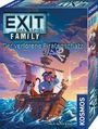 "EXIT - Das Spiel - Family. Der verlorene Piratenschatz." Ein Piratenschiff mit Flagge auf stürmischer See bei Sonnenuntergang.