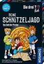 "Die drei ??? Kids: Deine Schnitzeljagd - Das Gold der Piraten" mit bunten, fröhlichen Kindern vor einem großen goldenen Emblem.