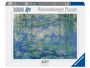 "1000 Ravensburger Puzzle. ART collection. Monet-Gemälde mit Seerosen und herabhängenden grünen Zweigen in Blau- und Grüntönen."