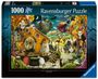 "Ravensburger Puzzle, 1000 Teile." Illustration zeigt eine fantasievolle Herbstlandschaft mit Tieren in Kostümen und Kürbishäusern.