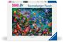 Aufschrift: "1000 Ravensburger Puzzle". Farbenfrohe, fantasievolle Illustration eines tropischen Dschungels mit Pilzen und Pflanzen.