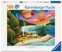 500 Ravensburger Puzzle. Illustration mit Strand, Wohnmobil, Teleskop, Planeten am Himmel und Kanu.