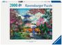 „2000 Ravensburger Puzzle.“ Ein asiatischer Garten mit Pagode und blühenden Bäumen. Eine Person mit Schirm spaziert.