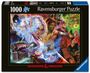Text: "1000 Ravensburger Puzzle", "DUNGEONS & DRAGONS". Illustration von Fantasy-Charakteren und Monstern in lebendigen Farben.