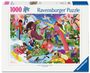 "1000 Ravensburger Puzzle" und "Original Ravensburger Quality Since 1891". Illustration mit Menschen bei Aktivitäten.
