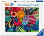 500 Ravensburger Puzzle. Buntes, abstraktes Gemälde mit Blumen und Blättern; lebendige Farben wie Rot, Gelb, Blau, Grün.