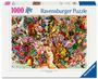"Ravensburger Puzzle, 1000 Teile" steht groß auf der Verpackung. Eine bunte Collage mit Blumen, Tieren und einem Frauenporträt.