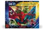 "500 Ravensburger Puzzle" zeigt Spider-Man und andere Helden, umgeben von einem blauen, netzartigen Hintergrund.