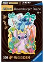 "Disney Stitch", "Ravensburger Puzzle", "12+", "300", "WOODEN". Eine bunte Illustration von Stitch und Angel mit tropischen Elementen.