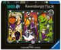 "1000 Ravensburger Puzzle" in großer Schrift. Illustration mit Halloween-Themen: Kürbis, Geister und Figuren in leuchtenden Farben.