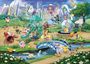 Eine bunte Illustration mit Pokémons in einem Park mit Spielplatz, Bäumen und futuristischen Gebäuden im Hintergrund.