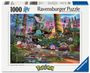 Text: "Ravensburger Puzzle", "1000" und "Pokémon". Illustration von Pokémon in einer verlassenen Fabrik mit viel Grün.