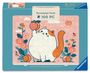 "Ravensburger Puzzle 100 PC." Illustration: Eine fröhliche Katze mit erhobener Pfote, umgeben von Blumen und einem Pfirsich.