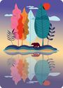 Enthält stilisierte Bäume in bunten Farben, einen Bären und Spiegelungen in ruhigem Wasser. Minimalistische, harmonische Szene.