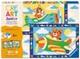 "CRE ART Junior, Malen nach Zahlen. Original Quality Since 1975. 5+, 2 painting boards, 5 acrylic paints + large brush." Ein Fuchs und ein Bär fliegen jeweils in bunten Flugzeugen.