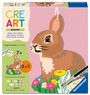 "CREART SHAPES, Malen nach Zahlen, 7+, 2 IN 1." Illustration mit einem Kaninchen und bunten Blumen auf rosa Hintergrund.