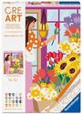 "CRE ART, Malen nach Zahlen." Illustration: Frau in Blumenladen mit bunten Blumen und Topfpflanze, 20 Farben und Pinsel.
