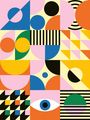 Bunte geometrische Formen mit Kreisen, Dreiecken und Streifen in Blau, Orange, Grün, Gelb und Rosa, inklusive einem Auge.